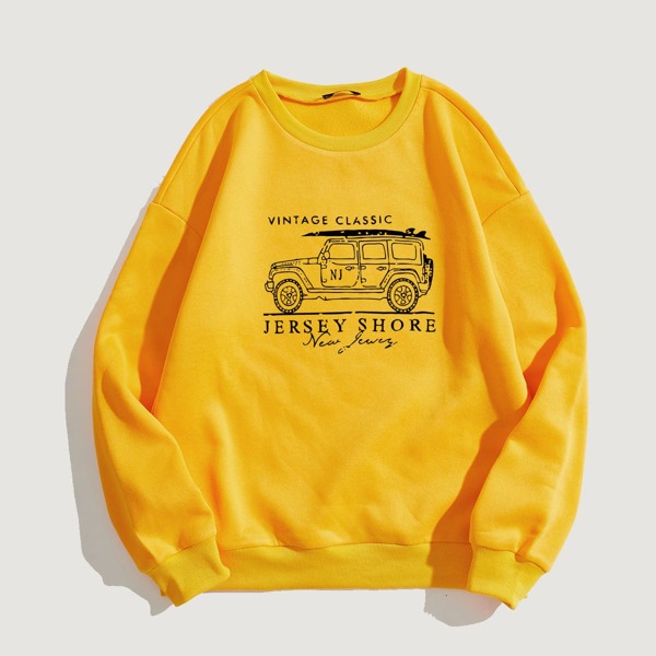 

Letter And Car Print Sweatshirt, Yellow