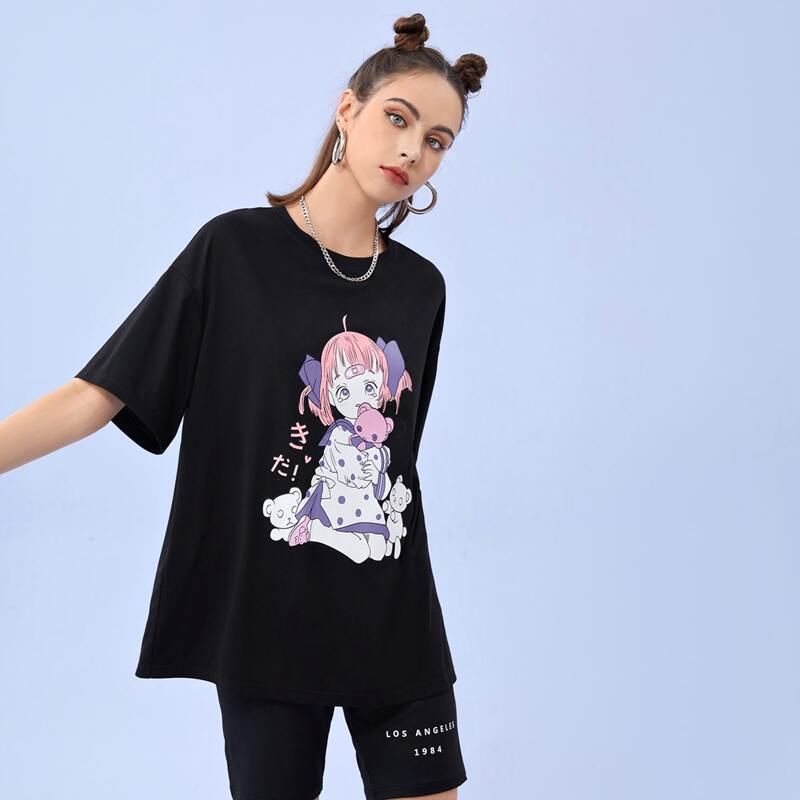 

Cartoon Graphic Oversized Tee, Black