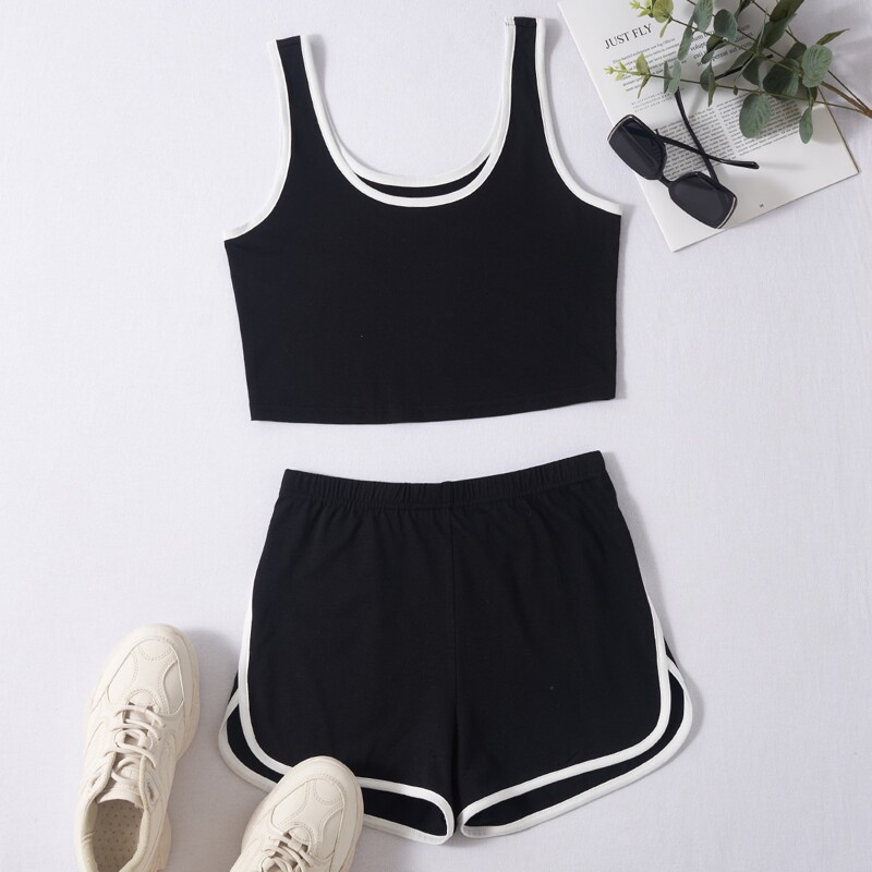 

Contrast Binding Tank Top & Shorts, Black