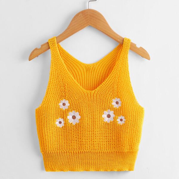 

Girls Floral Embroidery Knit Top, Mustard yellow
