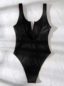 SHEIN Swim Summer Beach V Wired One Piece Swimsuit - Black - View 2