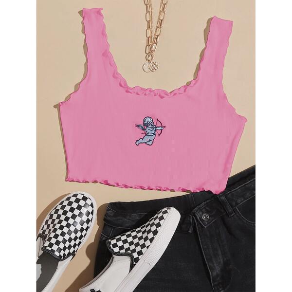 

Cupid Embroidery Lettuce Trim Ribbed Tank Top, Pink