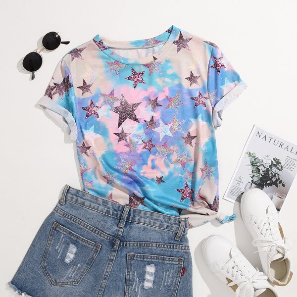 

Plus Star & Tie Dye Print Tee, Multicolor