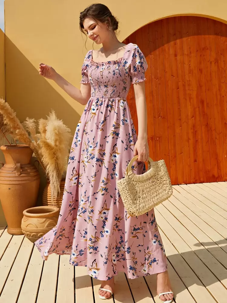 Mulvari Floral Square Neck Shirred A-line Dress - Dusty Pink - View 1