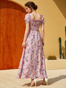 Mulvari Floral Square Neck Shirred A-line Dress - Dusty Pink - View 2