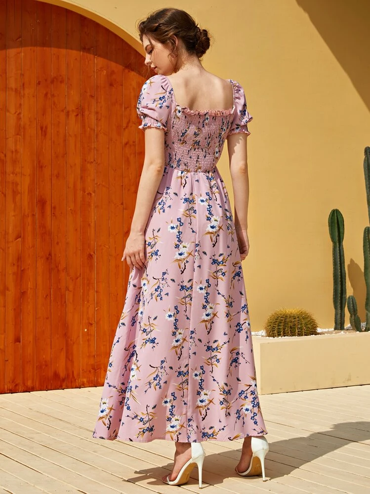 Mulvari Floral Square Neck Shirred A-line Dress - Dusty Pink - View 2
