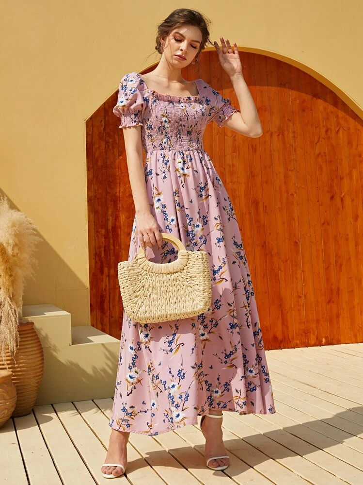 Mulvari Floral Square Neck Shirred A-line Dress - Dusty Pink - View 3