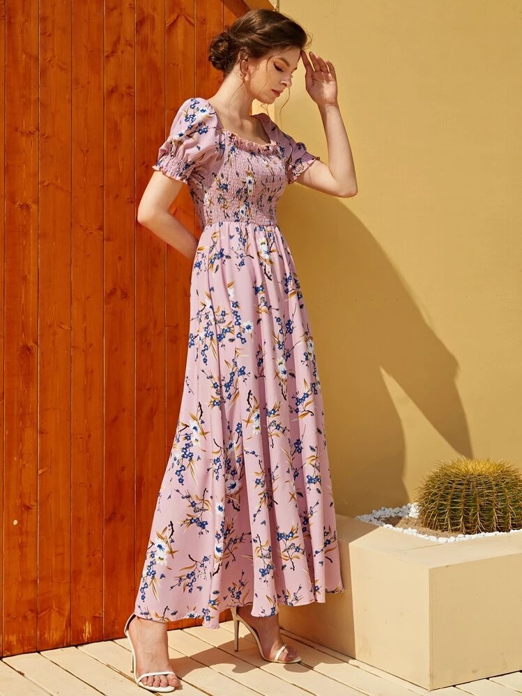 Mulvari Floral Square Neck Shirred A-line Dress - Dusty Pink - View 4