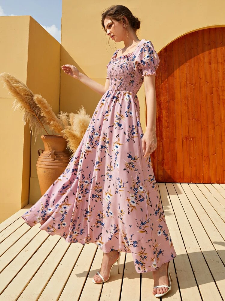 Mulvari Floral Square Neck Shirred A-line Dress - Dusty Pink - View 5