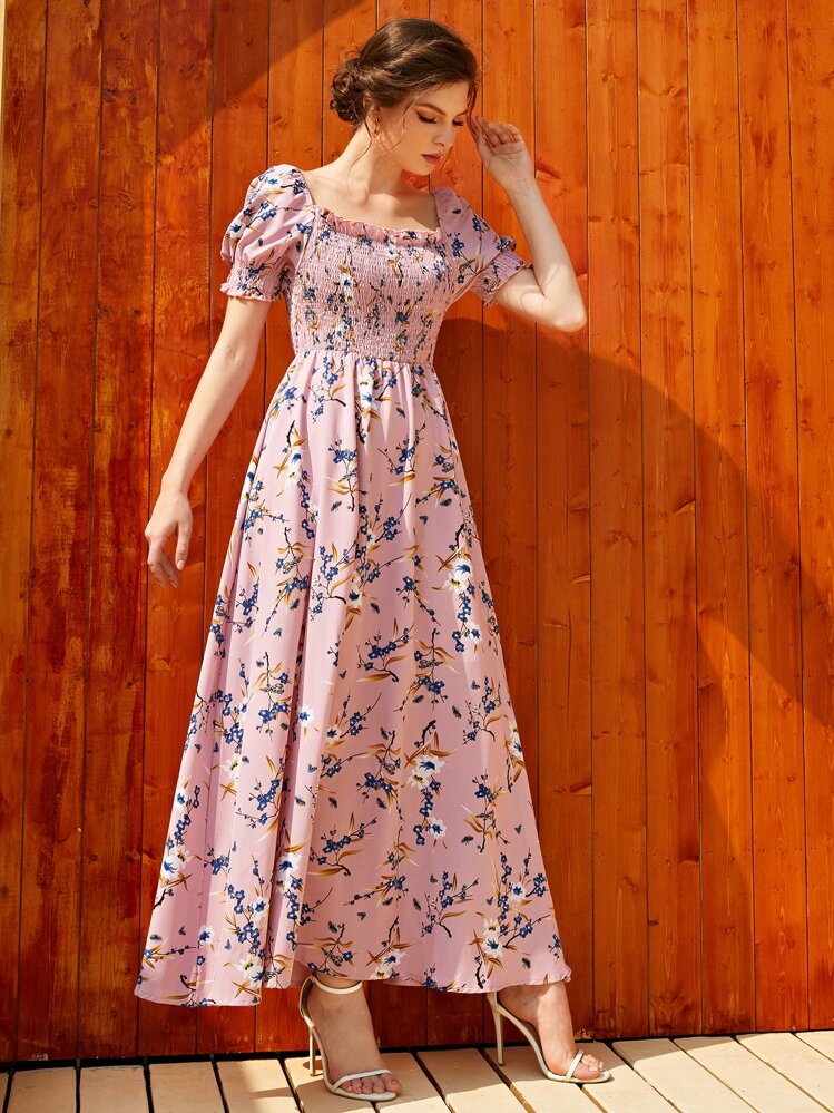 Mulvari Floral Square Neck Shirred A-line Dress - Dusty Pink - View 6