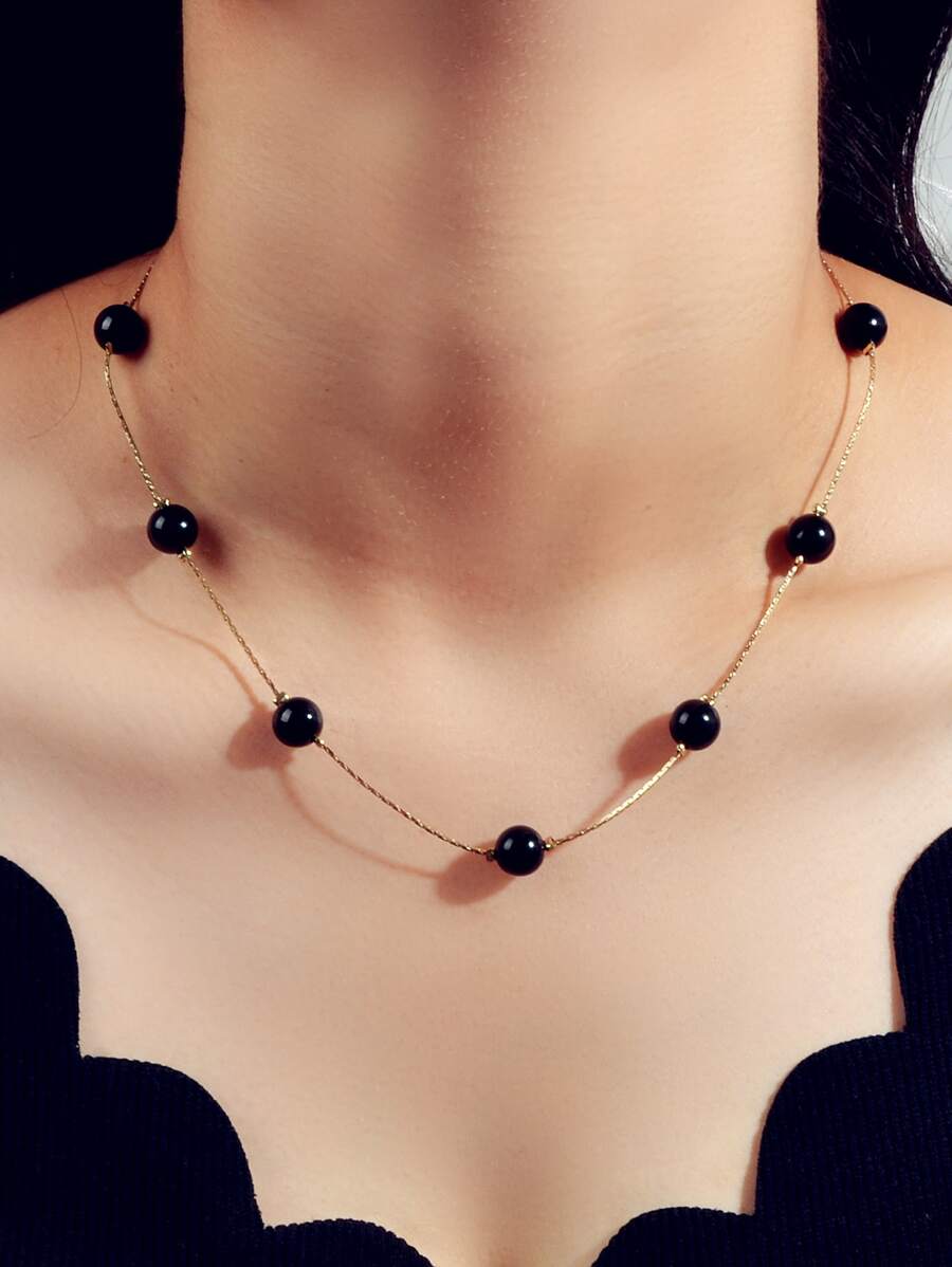 Faux Pearl Decor Necklace - Black - View 1