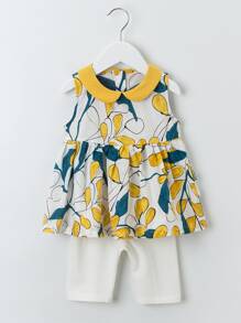 YINGZIFANG 小女童彼得潘領植物上衣和短褲套裝