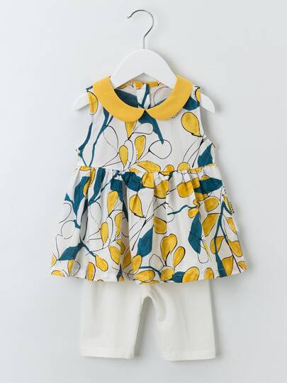 YINGZIFANG 小女童彼得潘領植物上衣和短褲套裝