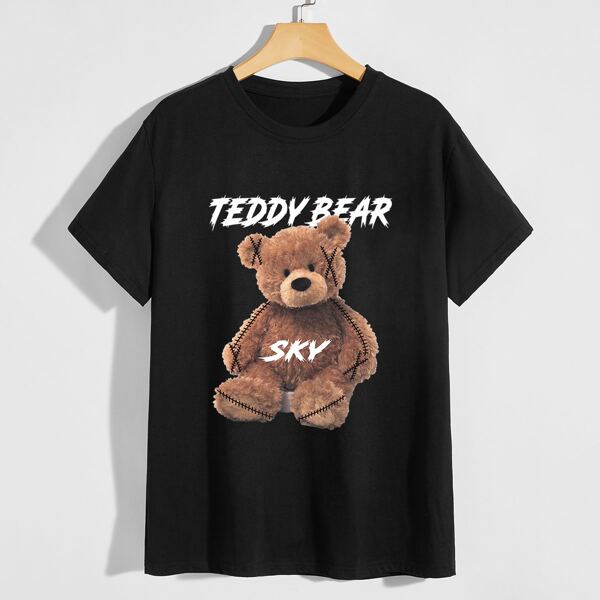 

Men Bear & Letter Graphic Tee, Black