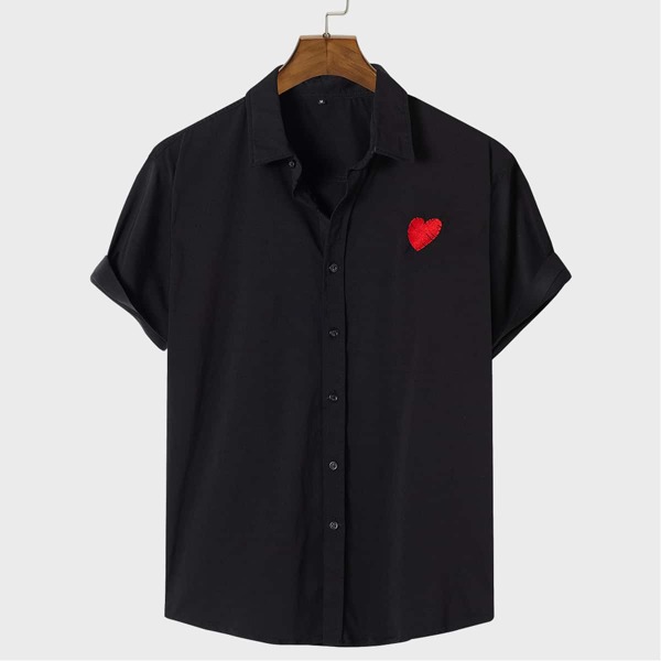 

Men Heart Embroidered Button Through Shirt, Black