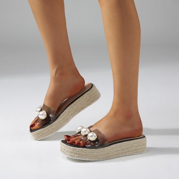 

Faux Pearl Decor Flatform Sandals, Black