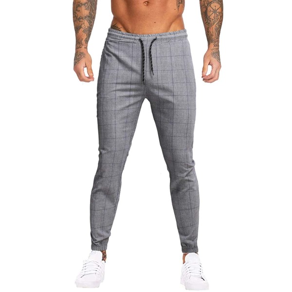 

Men Plaid Print Drawstring Waist Pants, Grey
