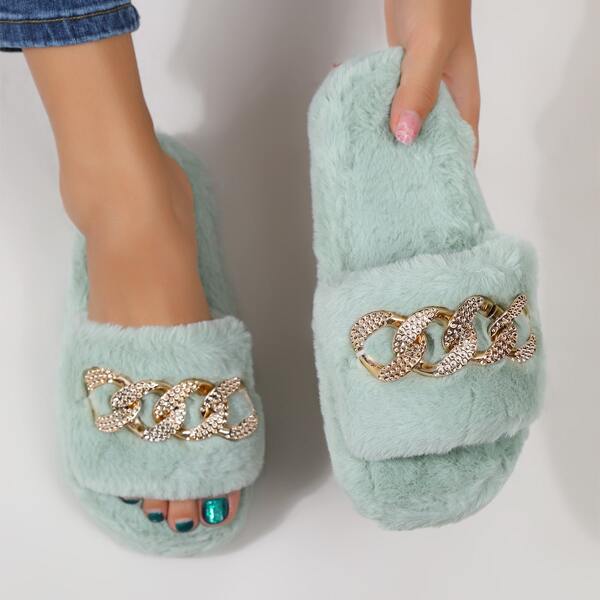 

Chain Decor Fluffy Slippers, Green