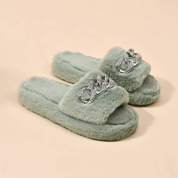 

Chain Decor Fluffy Slippers, Green