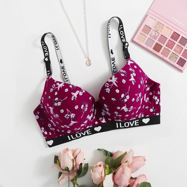 

Plus Floral Print Letter Tape Underwire Bra, Red violet