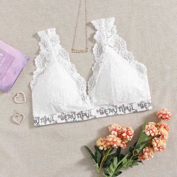 

Plus Floral Lace Letter Tape Bralette, White
