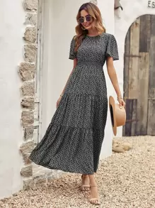 Breezaya Ditsy Floral Print Shirred Waist Ruffle Hem Dress - Black - View 1