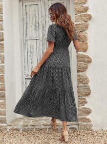 Breezaya Ditsy Floral Print Shirred Waist Ruffle Hem Dress - Black - View 2