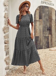 Breezaya Ditsy Floral Print Shirred Waist Ruffle Hem Dress - Black - View 4