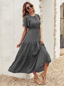 Breezaya Ditsy Floral Print Shirred Waist Ruffle Hem Dress - Black - View 5