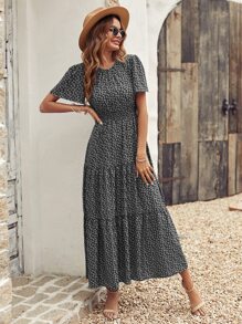 Breezaya Ditsy Floral Print Shirred Waist Ruffle Hem Dress - Black - View 7