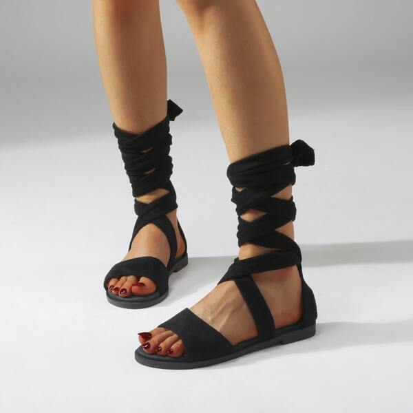 

Minimalist Tie Leg Gladiator Sandals, Black