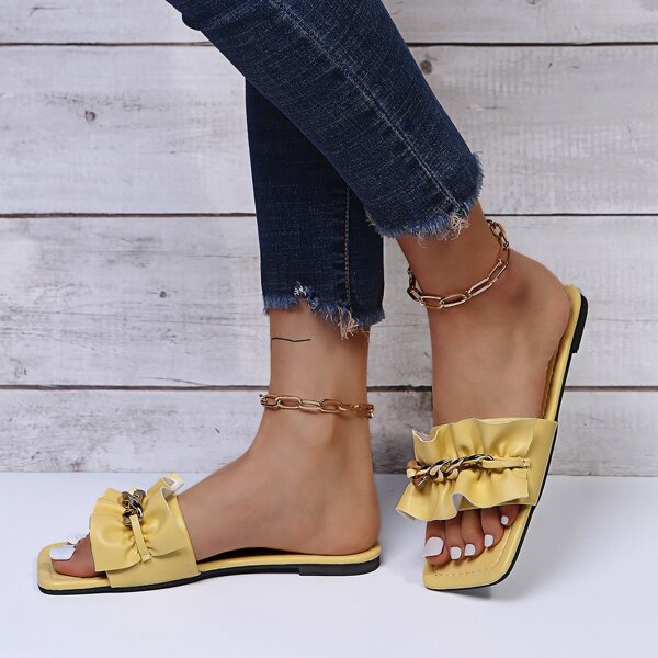 

Chain Decor Ruffle Trim Slide Sandals, Yellow