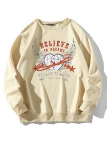 Slogan & Wings Print Thermal Sweatshirt - Apricot - View 1