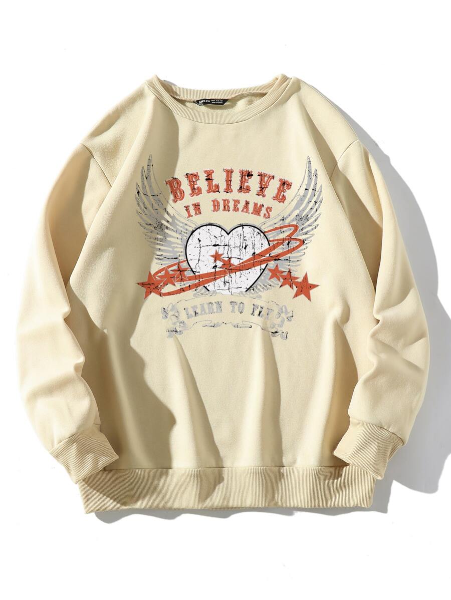 Slogan & Wings Print Thermal Sweatshirt - Apricot - View 1