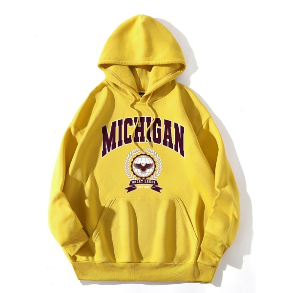 

Eagle And Letter Graphic Thermal Lined Hoodie, Yellow