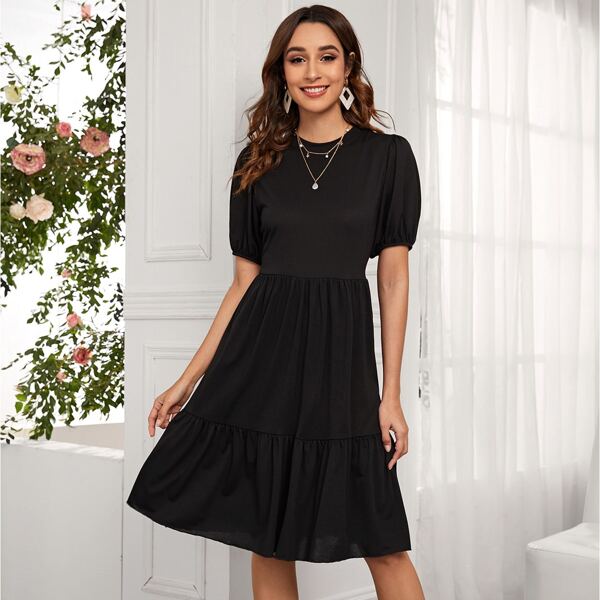 

Solid Puff Sleeve A-line Dress, Black