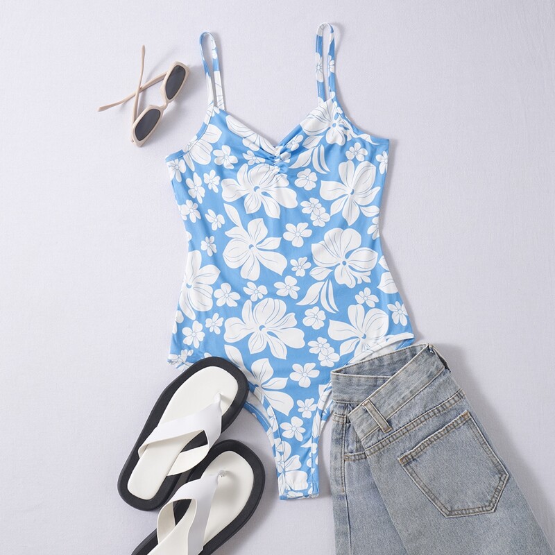 

Floral Print Cami Bodysuit, Blue and white