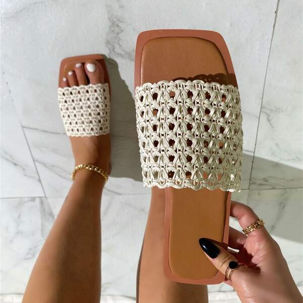 

Minimalist Braided Design Slide Sandals, Beige