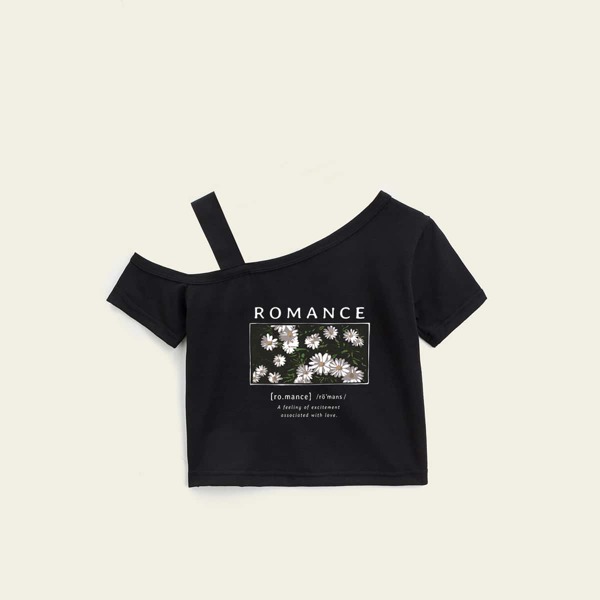 

Girls Floral & Letter Graphic Asymmetrical Neck Tee, Black