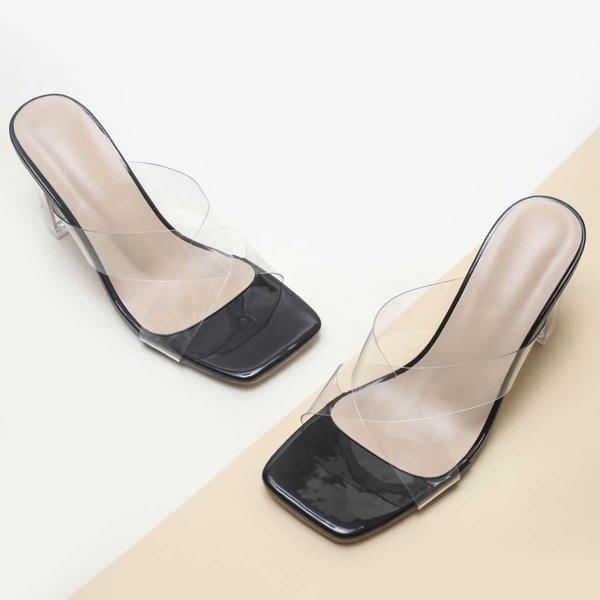 

Clear Cross Strap Sandal Mules, Black