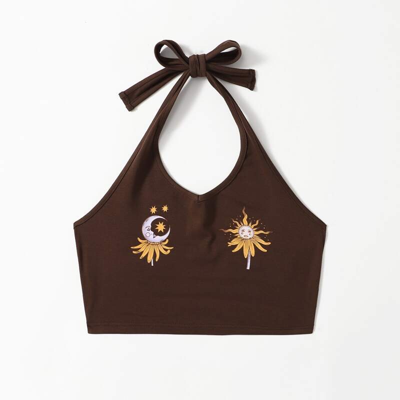 

Sun & Moon Graphic Halter Top, Chocolate brown