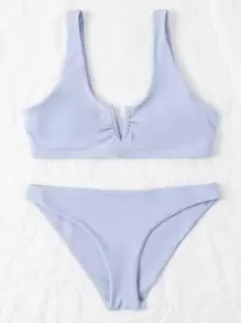 Solid V Wired Bikini For Summer Beach Vacation - Dusty Blue - View 2