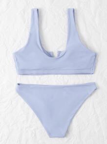 Solid V Wired Bikini For Summer Beach Vacation - Dusty Blue - View 3
