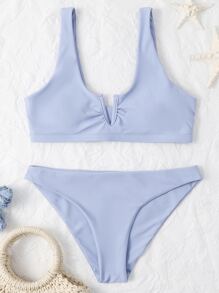 Solid V Wired Bikini For Summer Beach Vacation - Dusty Blue - View 4