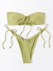 Bikini con parte superior bandeau y lazos laterales para vacaciones de verano en la playa - Verde Oliva - Ver 1