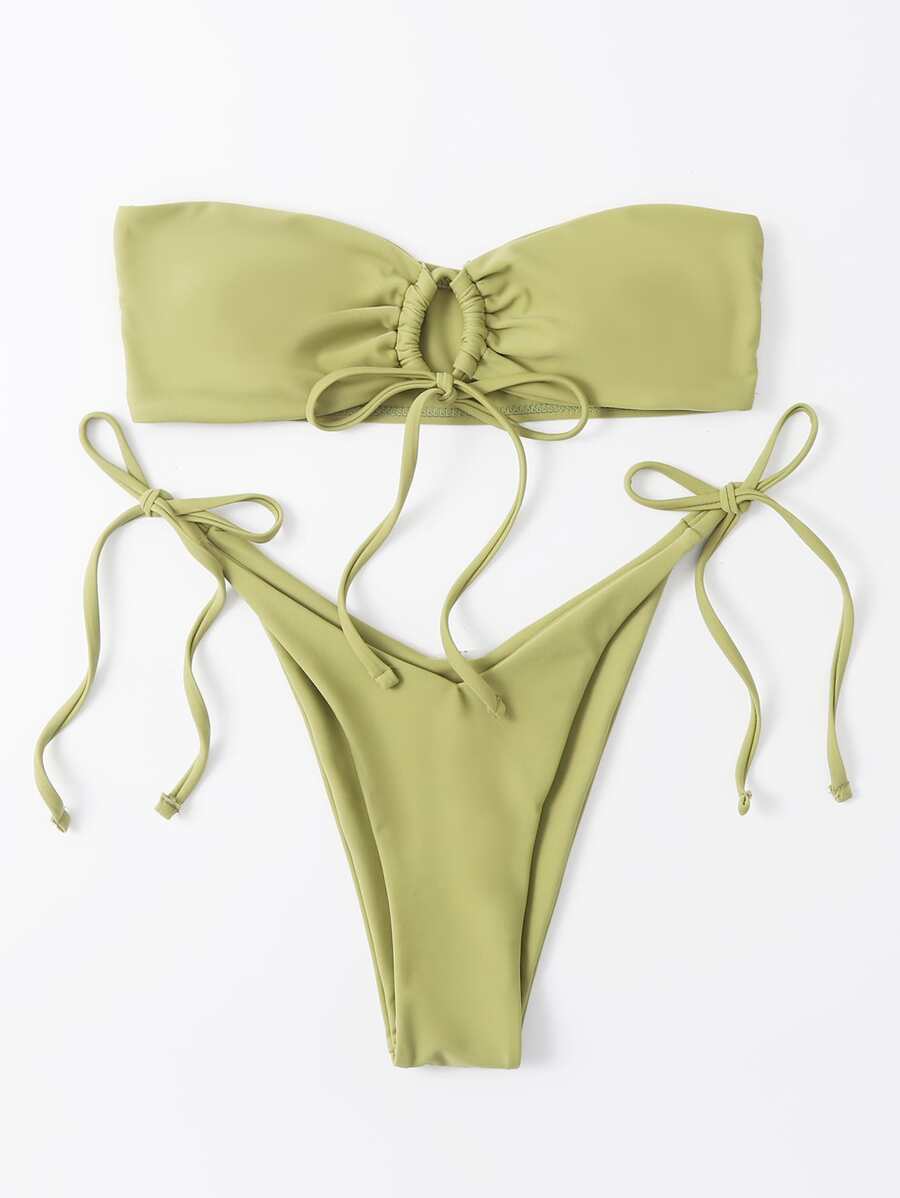 Bikini con parte superior bandeau y lazos laterales para vacaciones de verano en la playa - Verde Oliva - Ver 1
