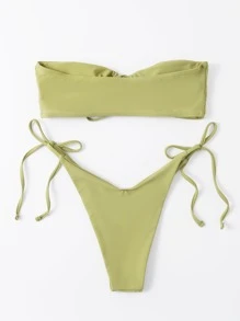Bikini con parte superior bandeau y lazos laterales para vacaciones de verano en la playa - Verde Oliva - Ver 2