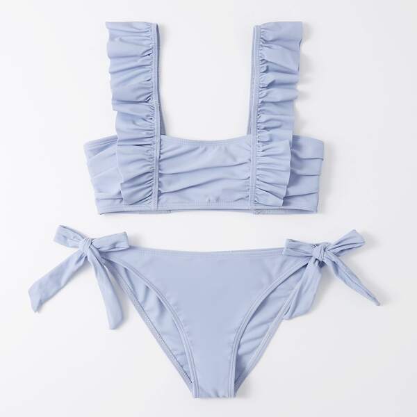 

Ruffle Trim Tie Side Bikini Swimsuit, Dusty blue