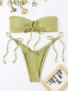 Bikini con parte superior bandeau y lazos laterales para vacaciones de verano en la playa - Verde Oliva - Ver 4