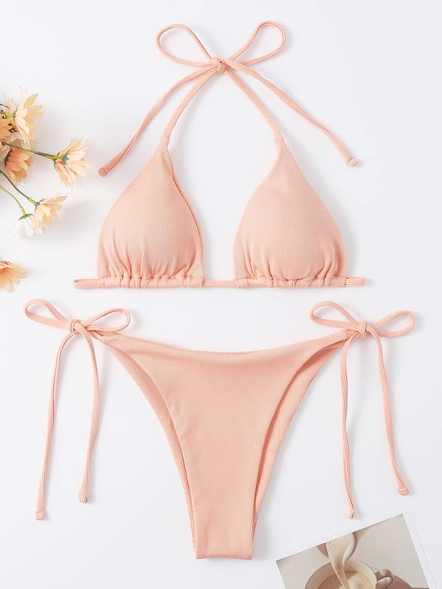 Rib Halter Triangle Top & Thong Bikini Set, For Summer Beach Vacation - Baby Pink - View 1